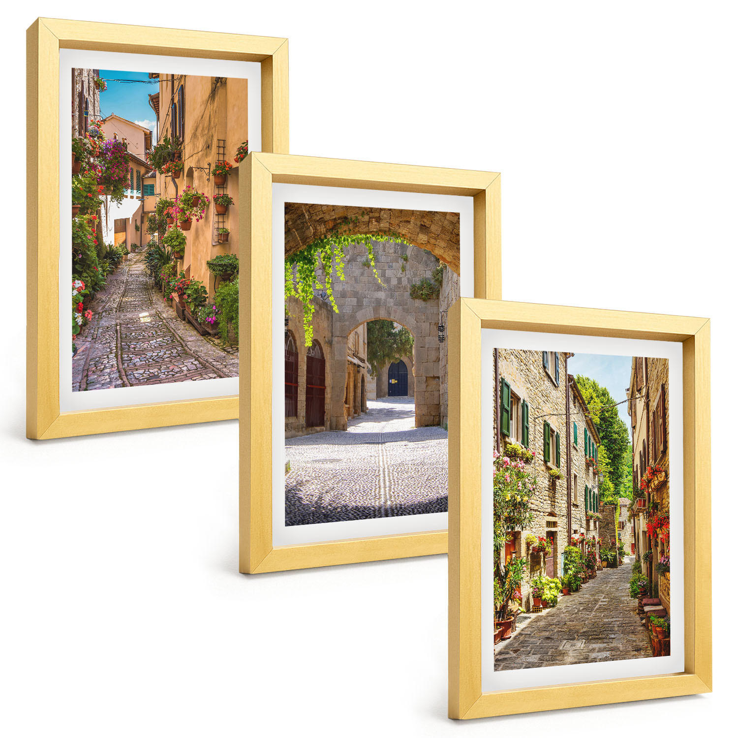 BILDER SET 3er Set - 20x30 cm Goldrahmen - Italienische Straßen, Blumen, Architektur - Goldfarben, Kunststoff (20/30cm) - TULUP