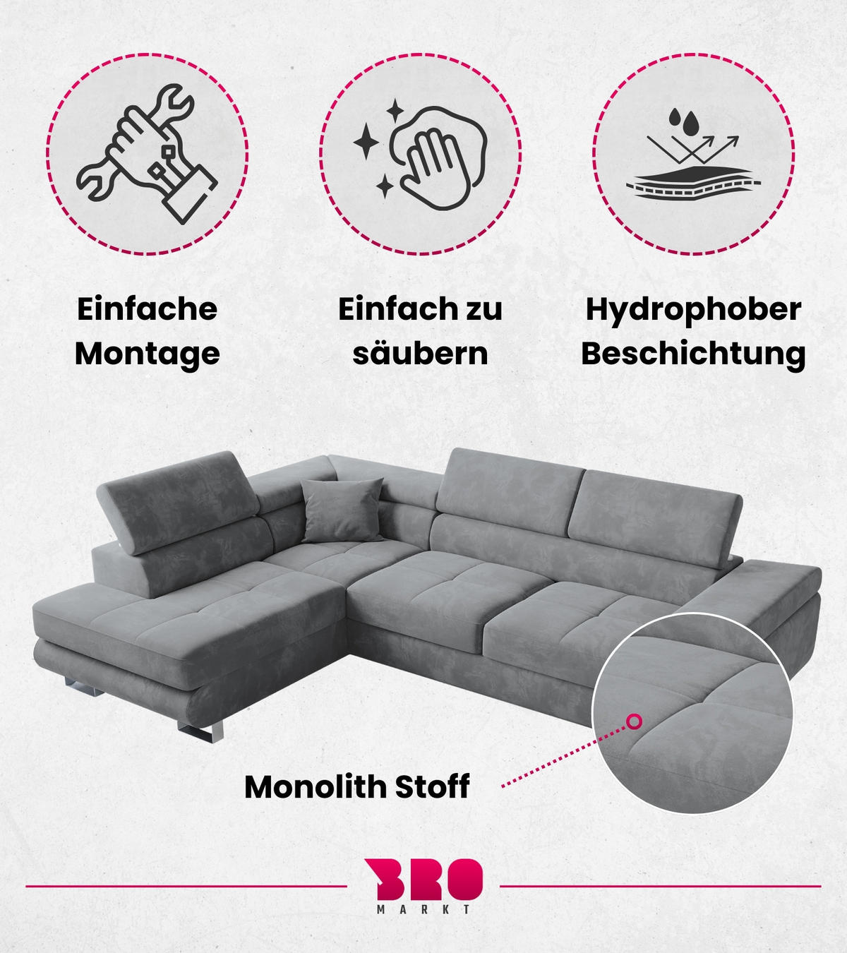 ECKSOFA Anton mit Schlaffunktion Grau Samt - Silberfarben/Grau, Textil/Metall (142/275cm) - Bromarkt