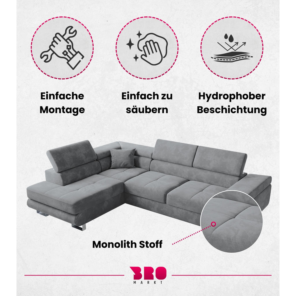 Thumbnail - Bromarkt Ecksofa, Grau, Textil, 4-Sitzer, L-Form,L-Form, 275x142 cm, Wohnzimmer, Sofas & Couches, Wohnlandschaften, Ecks...