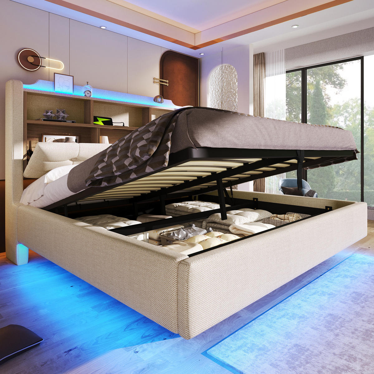 POLSTERBETT mit LED und Stauraum 140x200 cm Beige - Beige, Metall (140/200cm) - Meubliv