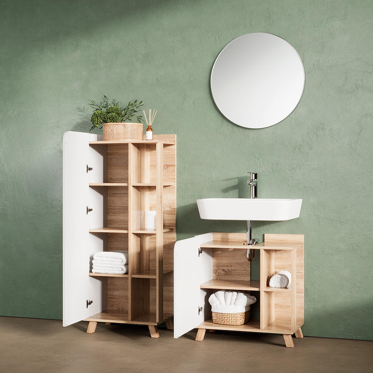 BADMÖBEL-SET Marano Sonoma/Weiß 3 Teile - Weiß/Sonoma Eiche, Holzwerkstoff (60/65/35cm) - Livinity®