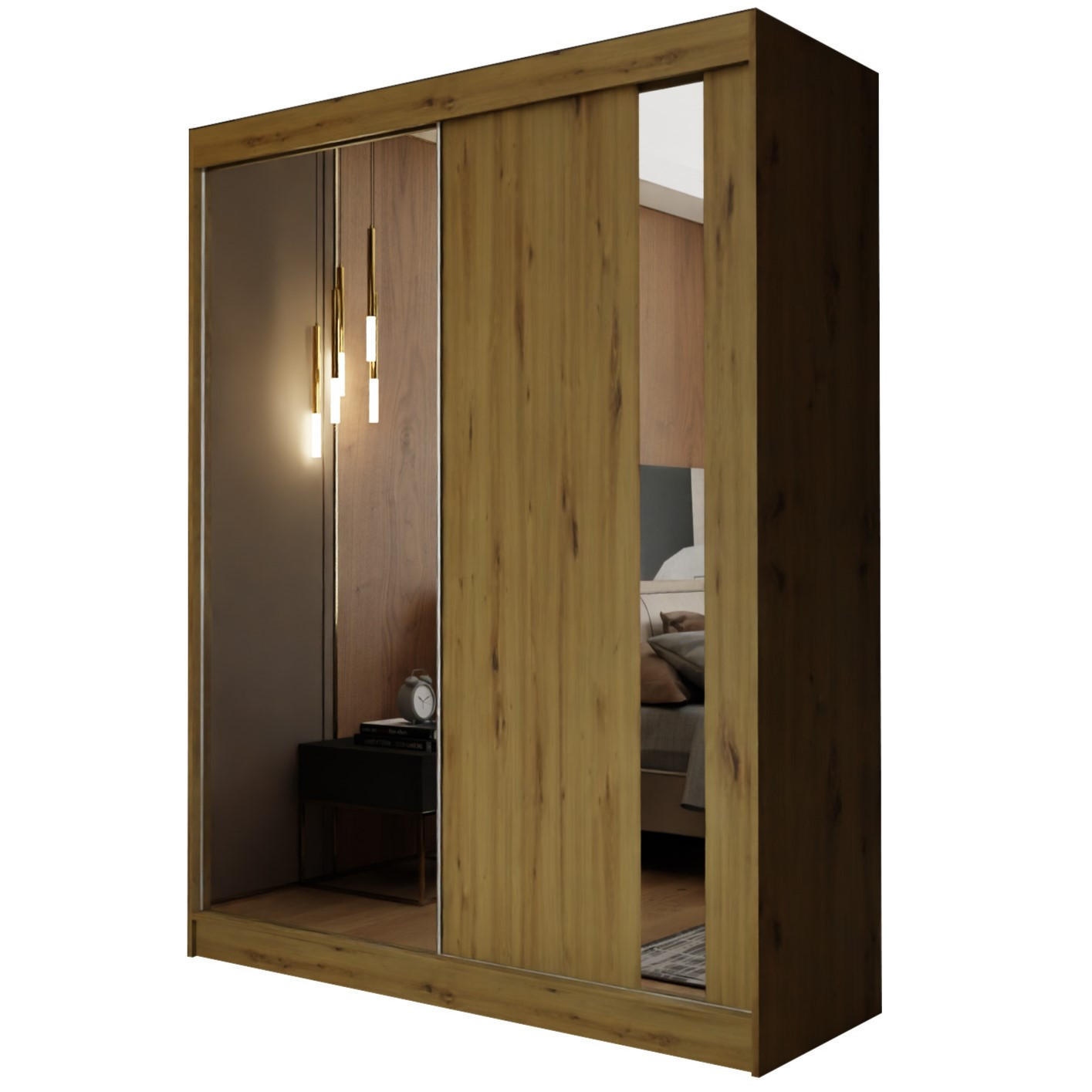SCHWEBETÜRENSCHRANK GRAZIA 150/216/61 cm 2-türig mit Spiegel Eiche Artisan - Eiche Artisan, Holzwerkstoff (150/216/61cm) - MASSENO