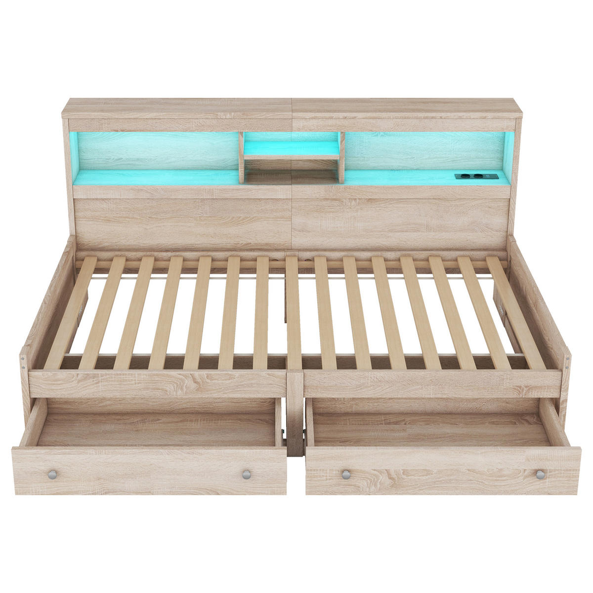 MULTIFUNKTIONSBETT 90/200 cm natur mit LED-Beleuchtung und USB-Anschlüssen - Naturfarben, Holzwerkstoff (90/200cm) - OKWISH