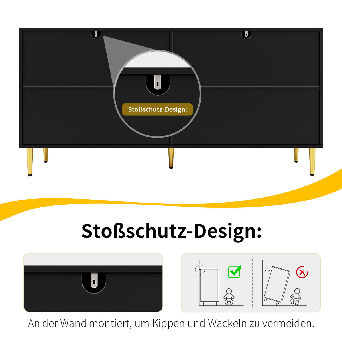 SIDEBOARD Wellenfront mit goldenen Griffen & Füßen Schwarzes - Schwarz, Holzwerkstoff (152/75/40cm) - Urban Meuble