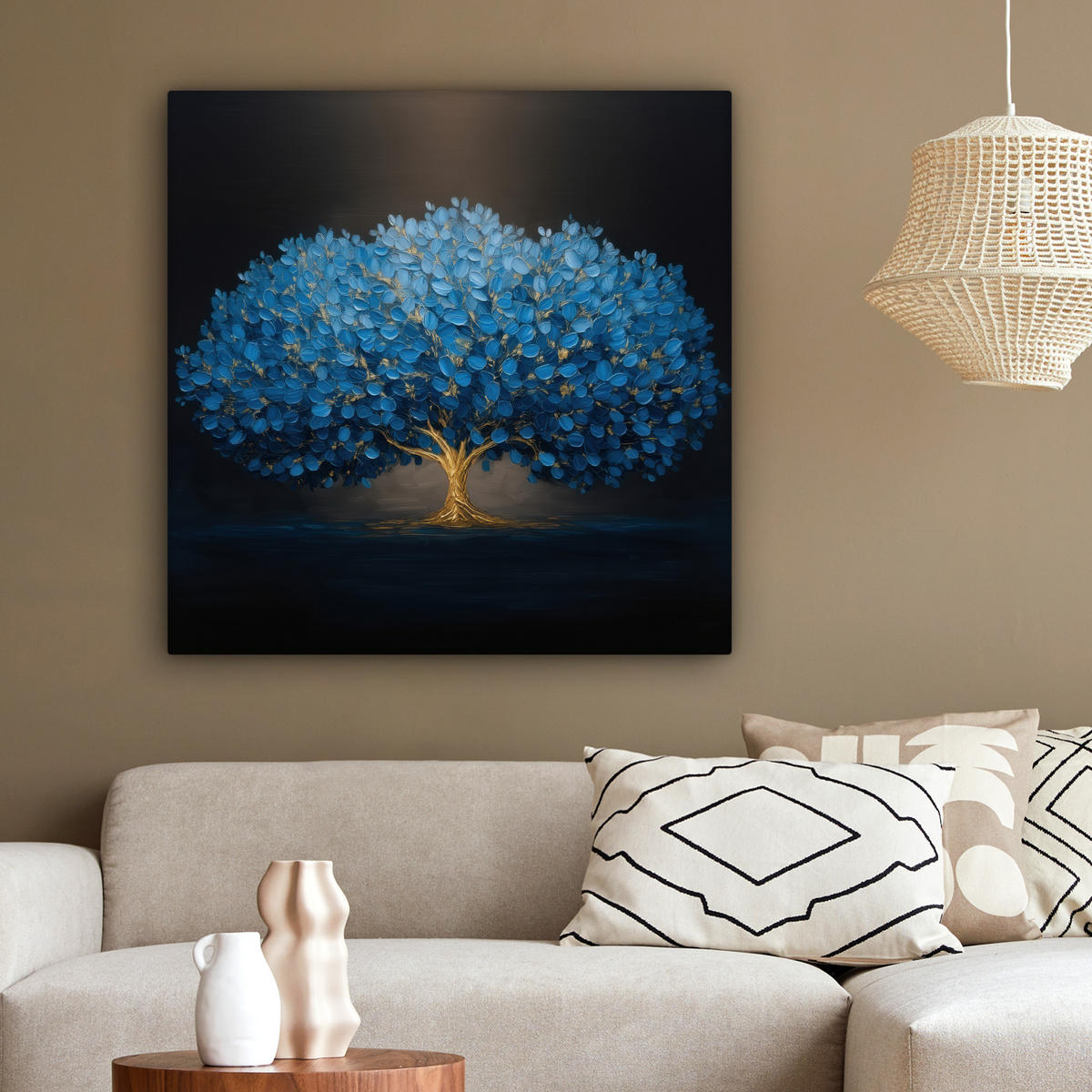 LEINWANDBILD Baum - Blau - Blätter - Pinselstriche Deko Groß 90x90 cm - Blau, Textil (90/90cm) - MuchoWow