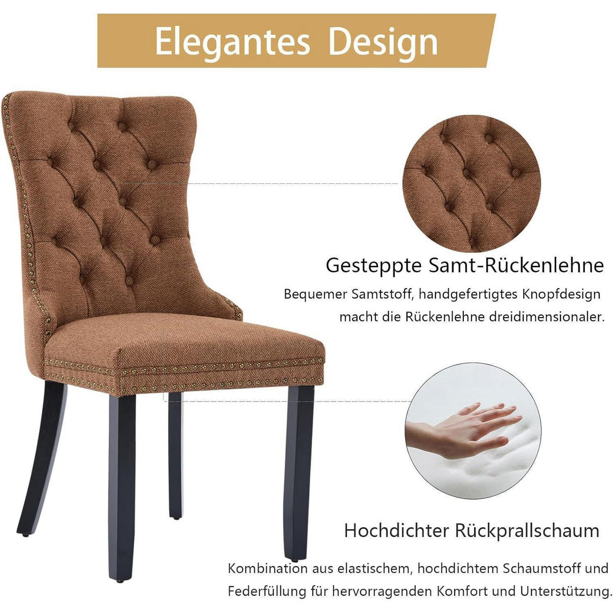 ESSZIMMERSTÜHLE 6er Set Braun Leinenstoff Massivholzbeine - Braun, Textil (44.5/97.5/54.6cm)
