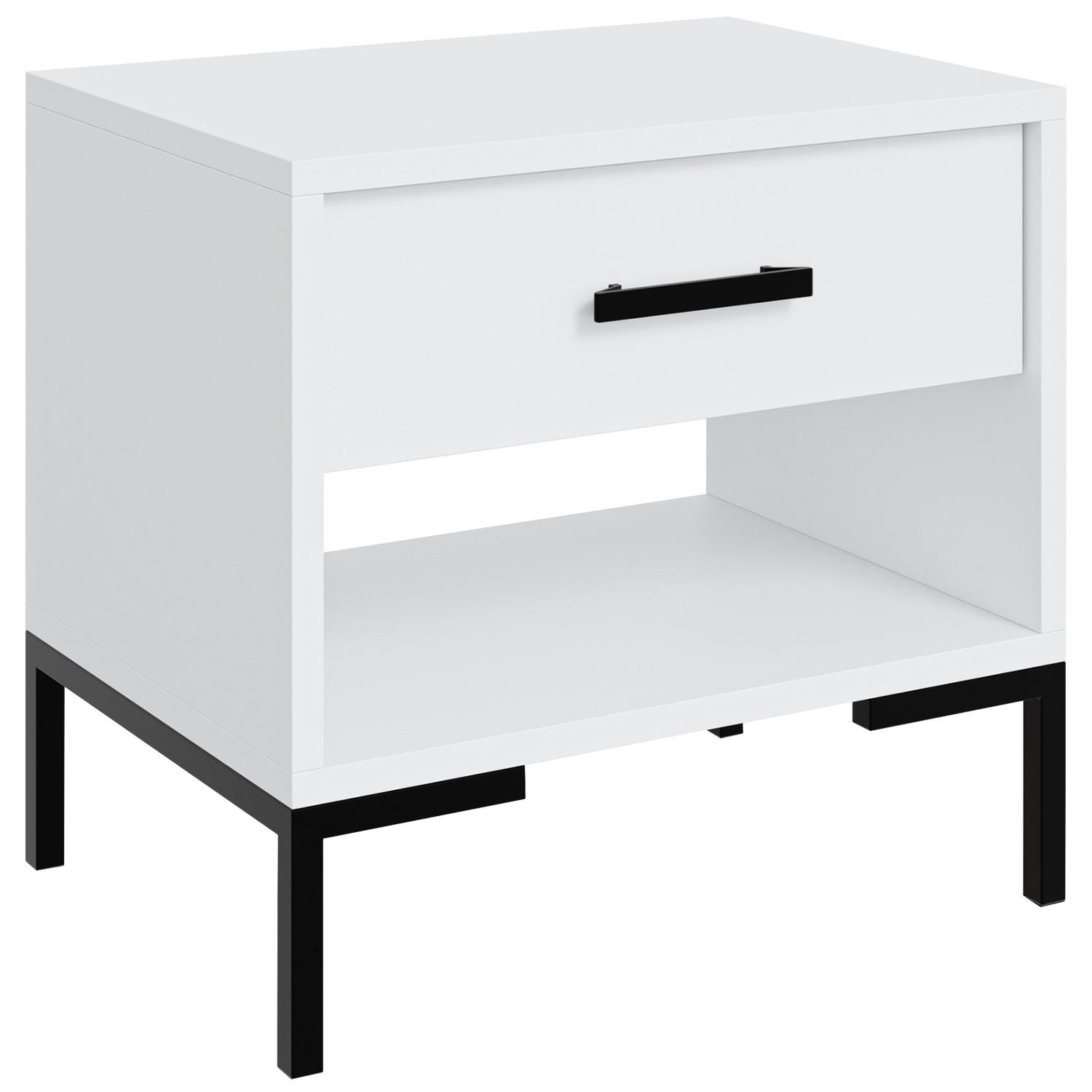 Beautysofa NOČNÍ STOLEK Selena se zásuvkou a otevřenou přihrádkou, kovové nohy, tiché dovírání, bílá, 52 cm