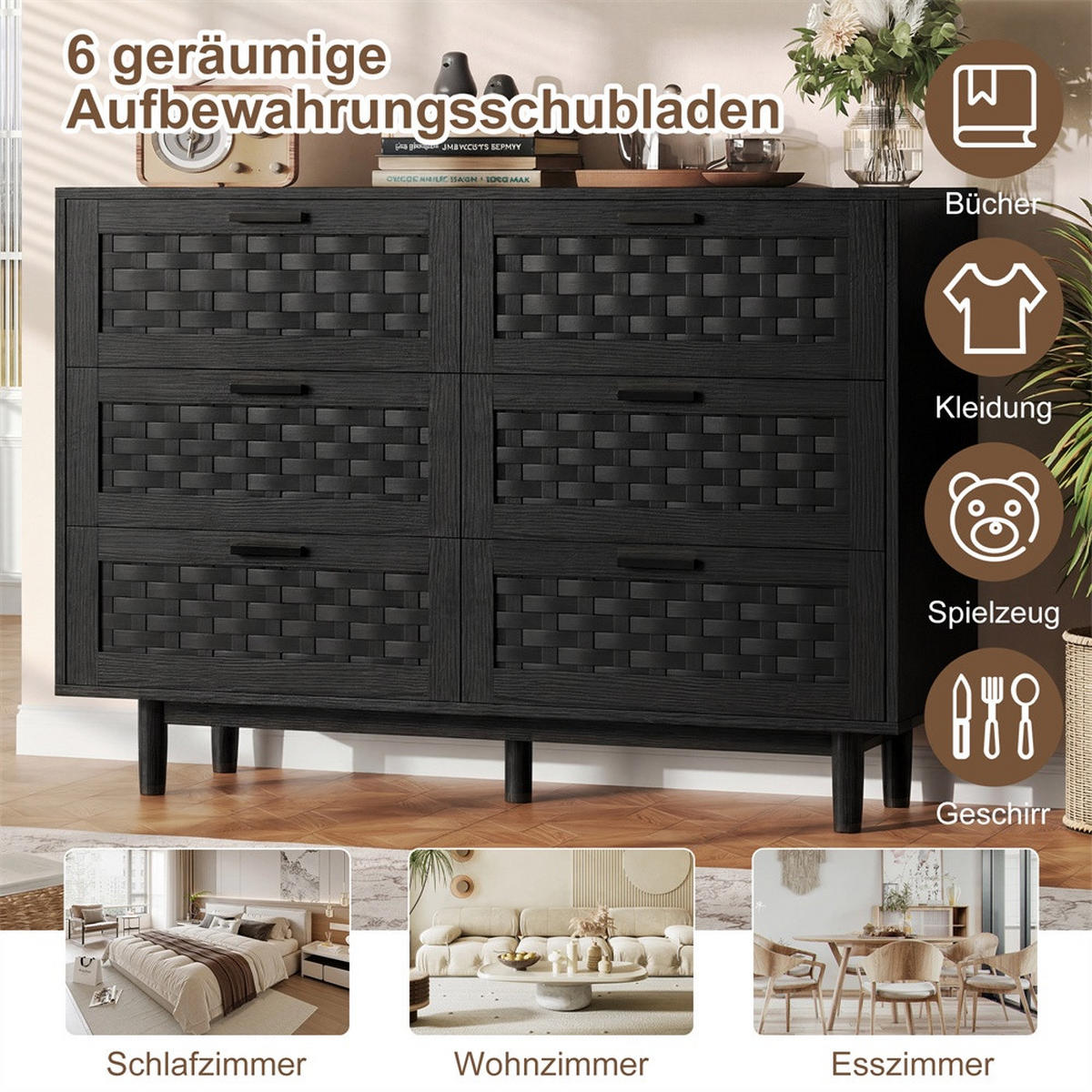 KOMMODE mit 6 Schubladen - elegante Geflecht-Optik und runde Holzbeine - Schwarz - Schwarz, Holzwerkstoff (115/80/40cm) - DELFA