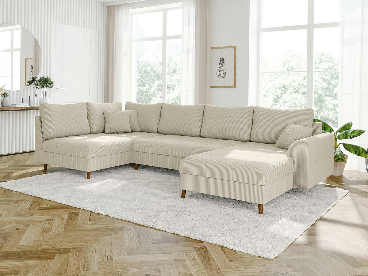 WOHNLANDSCHAFT inkl. Hocker Alma Beige Cord - Beige/Braun, Holz/Textil (310/81/161cm) - S-Style Möbel