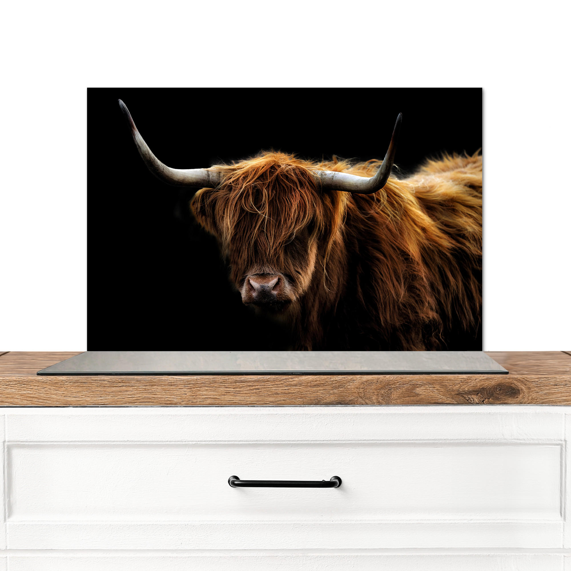 MuchoWow KUCHYŇSKÁ ZÁSTĚNA Skotský horal - Rohy - Černá - Zvířata - Příroda - Divoká - Kráva 70x50 cm