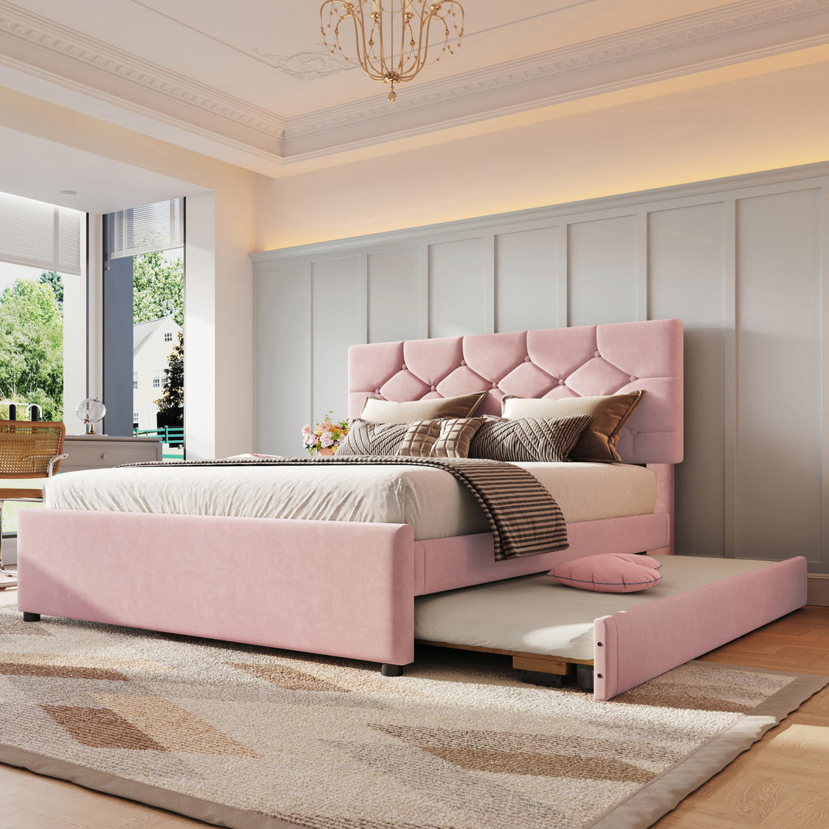 POLSTERBETT mit Rollbett 140x200 cm Samt Pink - Pink, Metall (140/200cm) - Meubliv