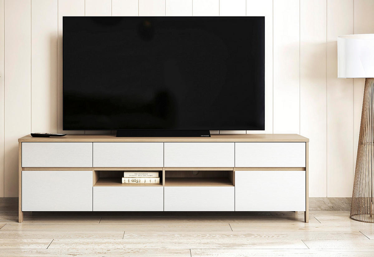 TV-LOWBOARD weiß, Eiche, TV Unterteil skandinavisch 193 cm, Soft-Close, Finnes - Eichefarben/Weiß, Holzwerkstoff/Metall (193/58/39cm) - Furn.Design