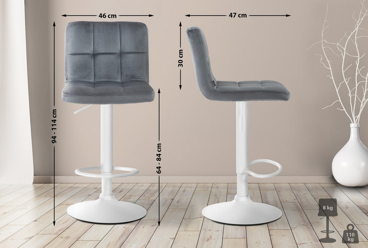 BARHOCKER Samt dunkelgrau - Dunkelgrau/Weiß, Textil/Metall (46/94/47cm) - CLP