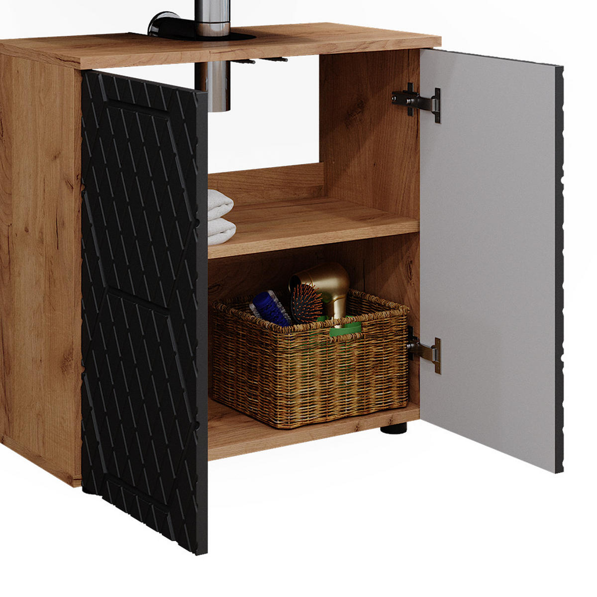 BADMÖBEL-SET Irma Anthrazit gestreift 4 Teile mit Hochschrank und Kommode - Honigeiche/Anthrazit, Holzwerkstoff (80/58.6/41cm) - Vicco