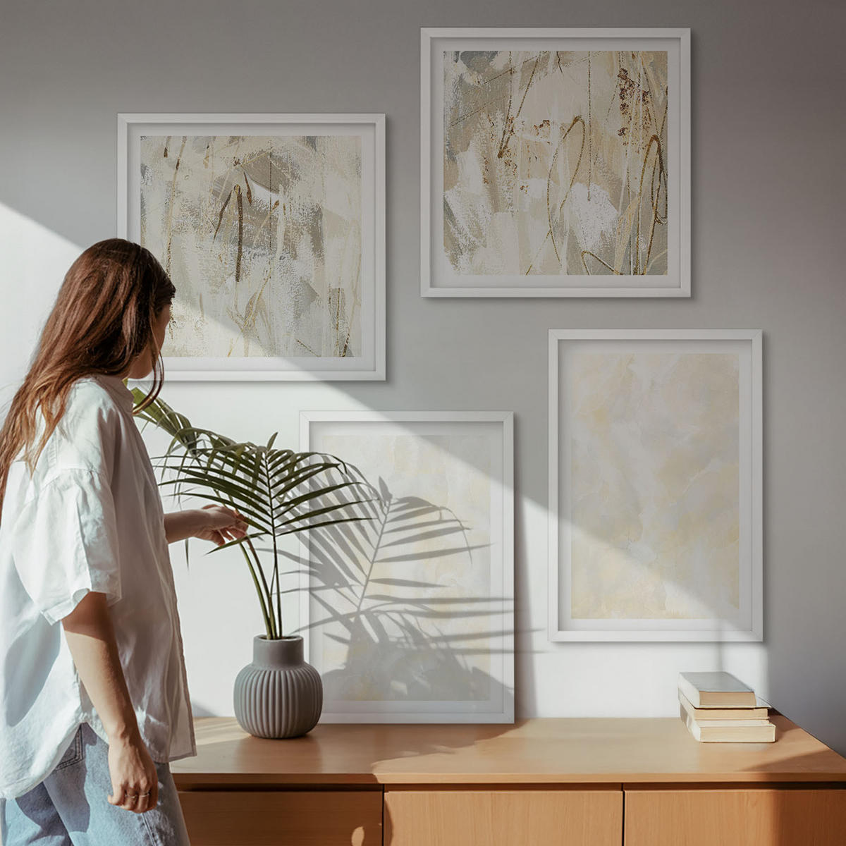 WANDBILDER 4er-Set - 50x50 cm & 40x60 cm Weißer Rahmen - Helles Strukturfarbendesign - Weiß, Kunststoff (50/50cm) - ArtPrintCave