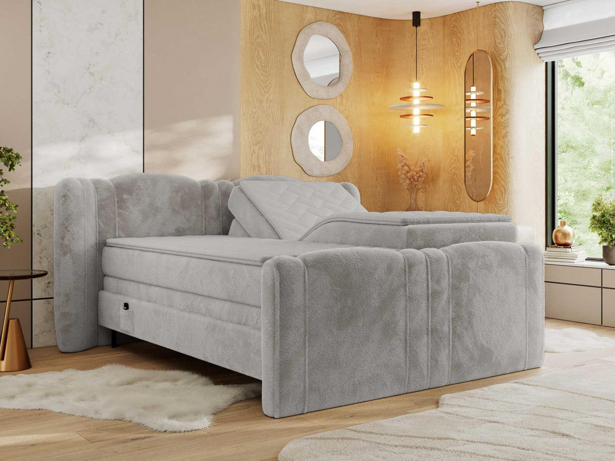 BOXBETT FORTINA 140/200 - Hellgrau Plüsch - H3 - Hellgrau, Holz/Textil (140/200cm) - MKS