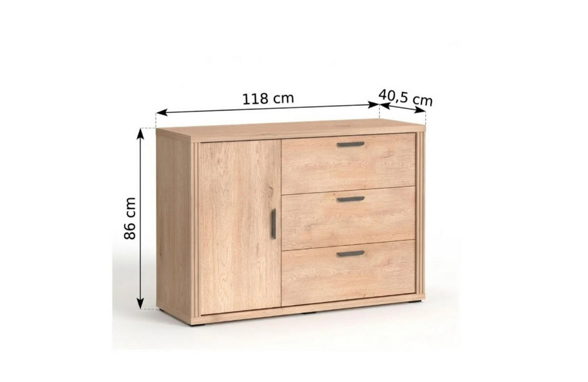 KOMMODE BRESSO 118/86/40,5cm mit 3 Schubladen 1 Türen Eichefarben - Eichefarben, Holzwerkstoff (118/86/40.5cm) - MASSENO