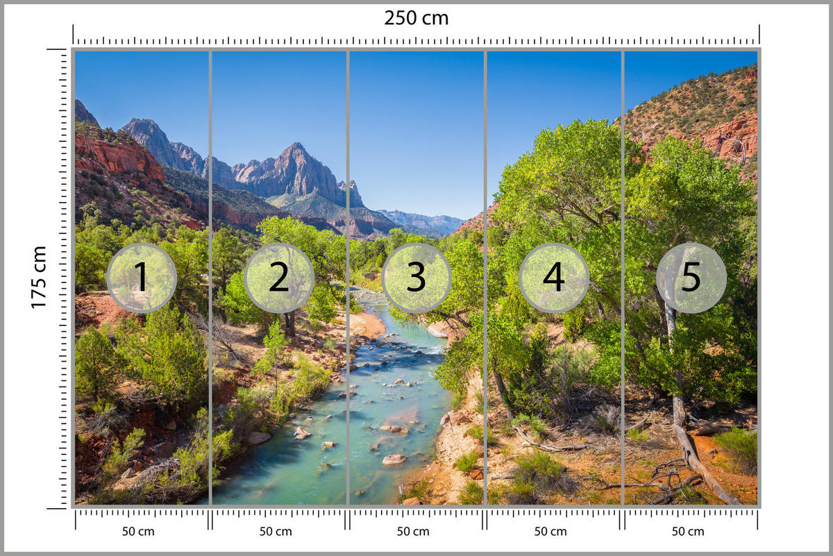 FOTOTAPETE für Esszimmer Virgin River Bäume Felsen Berge Natur 250x175 - Türkis/Blau, Papier (250/175cm) - Muralo