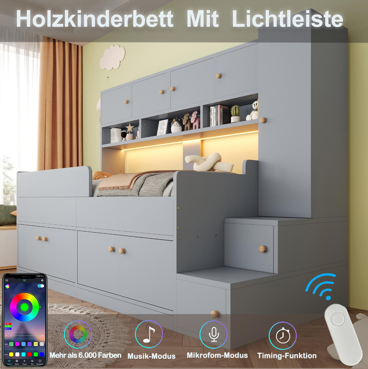 KINDERHOCHBETT 90x200 cm in Grau mit Stauraum, Kleiderschrank und LED-Beleuchtung - Grau, Holz (90/200cm) - IVMEU