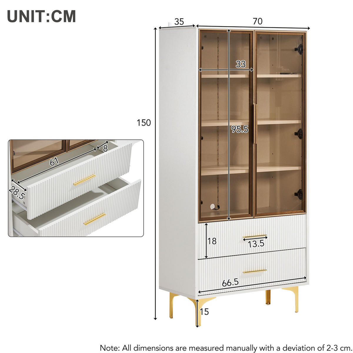 HIGHBOARD 70/35/150 cm in Weiß mit LED-Beleuchtung und 2 Schubladen - Weiß, Holzwerkstoff (70/150/35cm) - Flora Grace