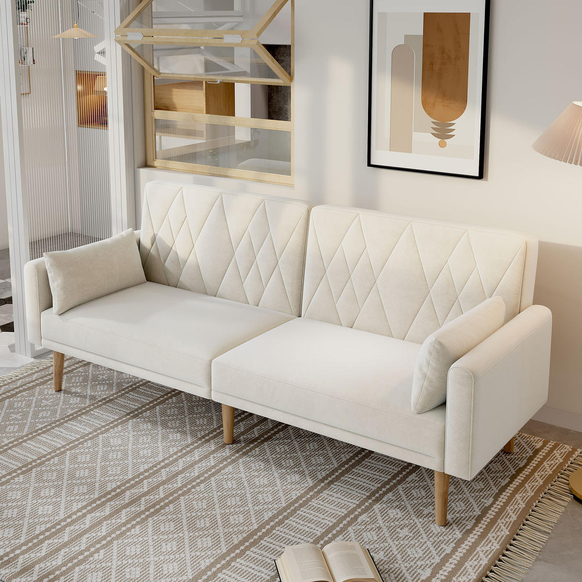 SCHLAFSOFA Samt mit verstellbarer Rückenlehne und Armlehnen Beige 180/75/82 cm - Beige, Textil (82/75/180cm) - Redom