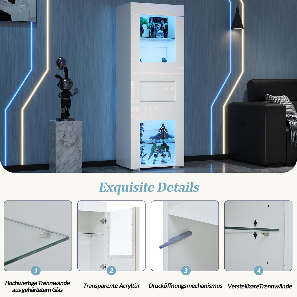 VITRINE weiß aus MDF mit Acryltür, verstellbaren Glasböden und App-gesteuerter LED-Beleuchtung 60 × 40 × 170 cm - Weiß, Holzwerkstoff (60/170/40cm) - Luhomfu