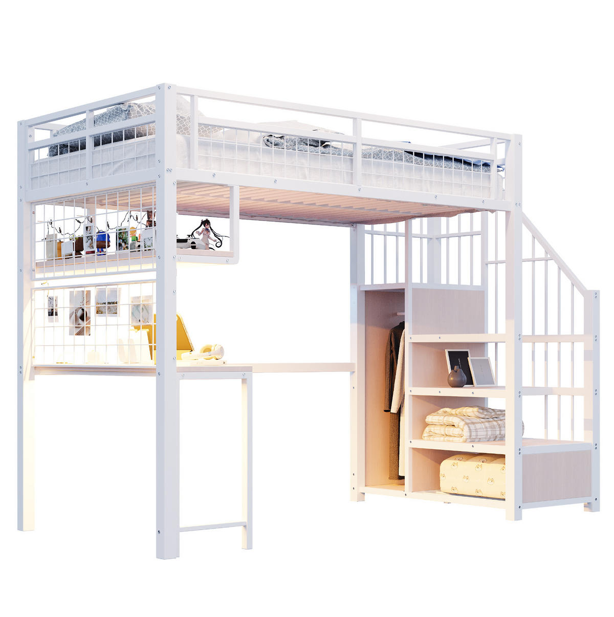 HOCHBETT 90/200 cm mit Schreibtisch, LED-Lichtleiste, Steckdosen, Stauraumtreppe und Kleiderbereich, Weiß - Weiß, Metall (90/200cm) - Redom