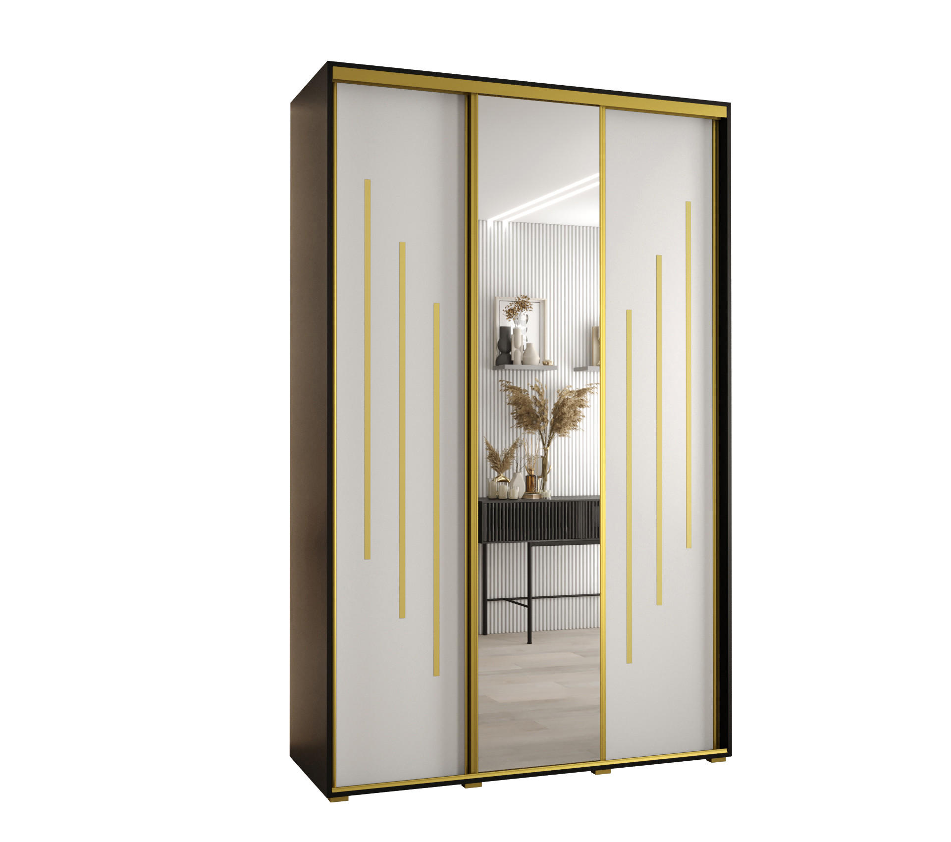 SCHWEBETÜRENSCHRANK 235,2/160/60 3-türig - Goldfarben/Schwarz, Holz/Metall (160/235/60cm) - Abiks Möbel