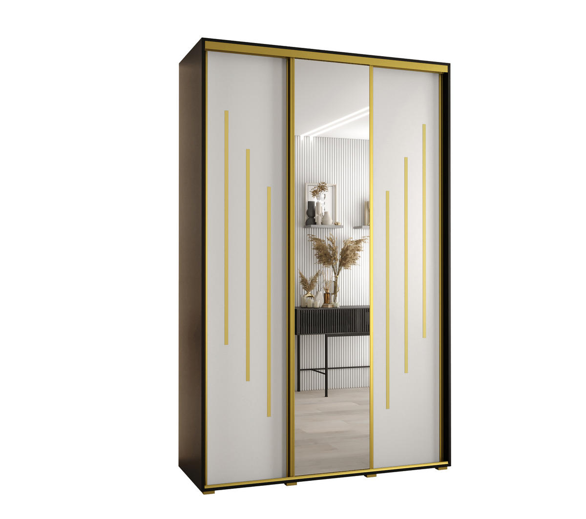 SCHWEBETÜRENSCHRANK 235,2/160/60 3-türig - Goldfarben/Schwarz, Holz/Metall (160/235/60cm) - Abiks Möbel