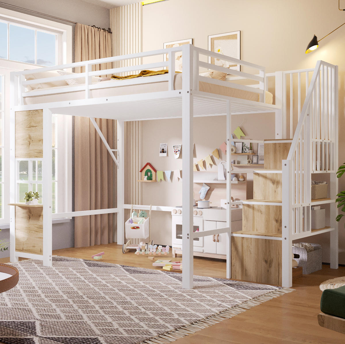 HOCHBETT 140/200 cm aus Metall und MDF mit Stauraumleiter, Weiß - Weiß, Holzwerkstoff (140/200cm) - OKMYHOME