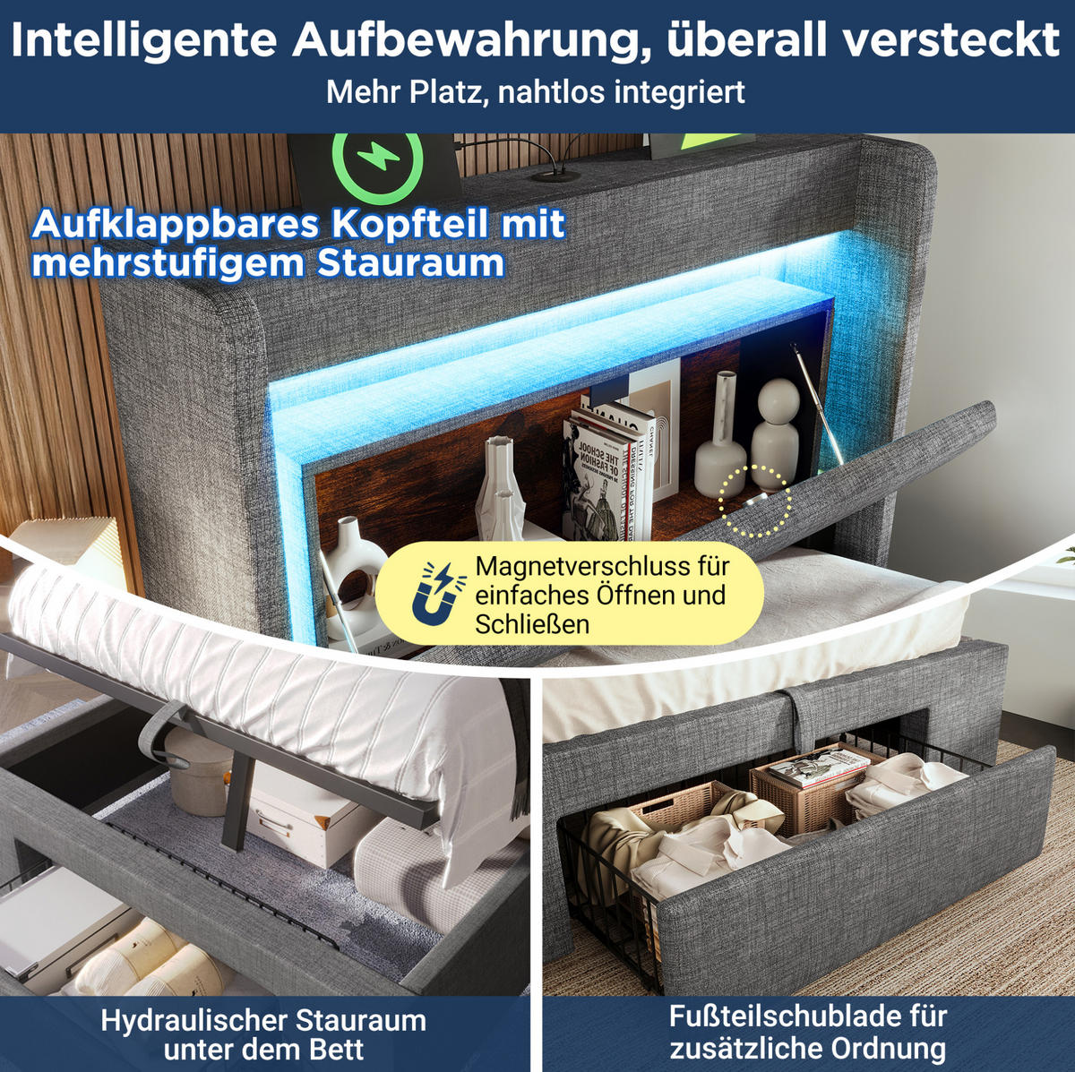 POLSTERBETT 90/200 cm Grau mit Stauraum, LED-Beleuchtung und USB- und Type-C-Anschlüssen - Grau, Textil (90/200cm) - Flora Grace