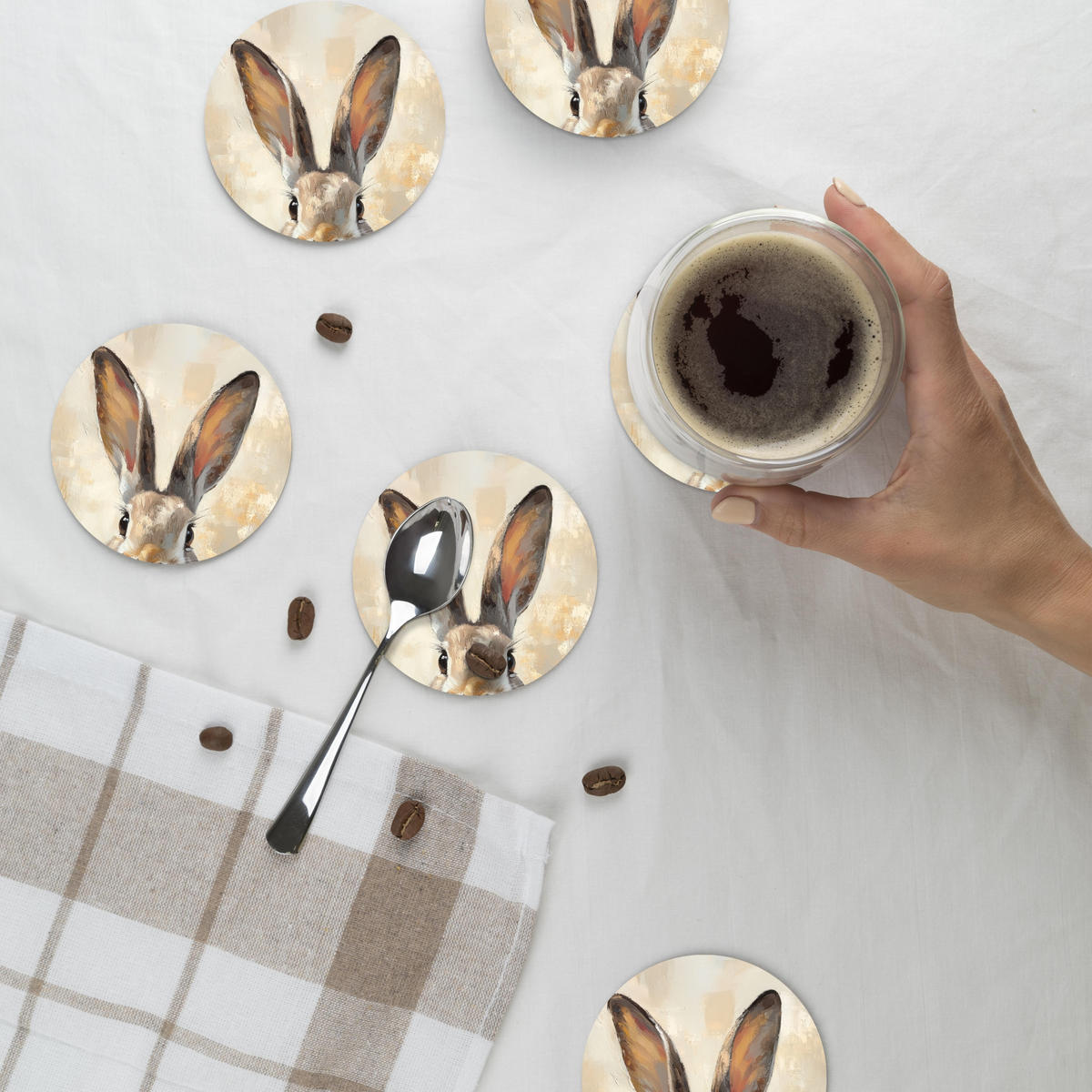 GLASUNTERSETZER Hase - Ohren - Braun 10x10 cm - Beige, Naturmaterialien (10/0.2cm) - MuchoWow