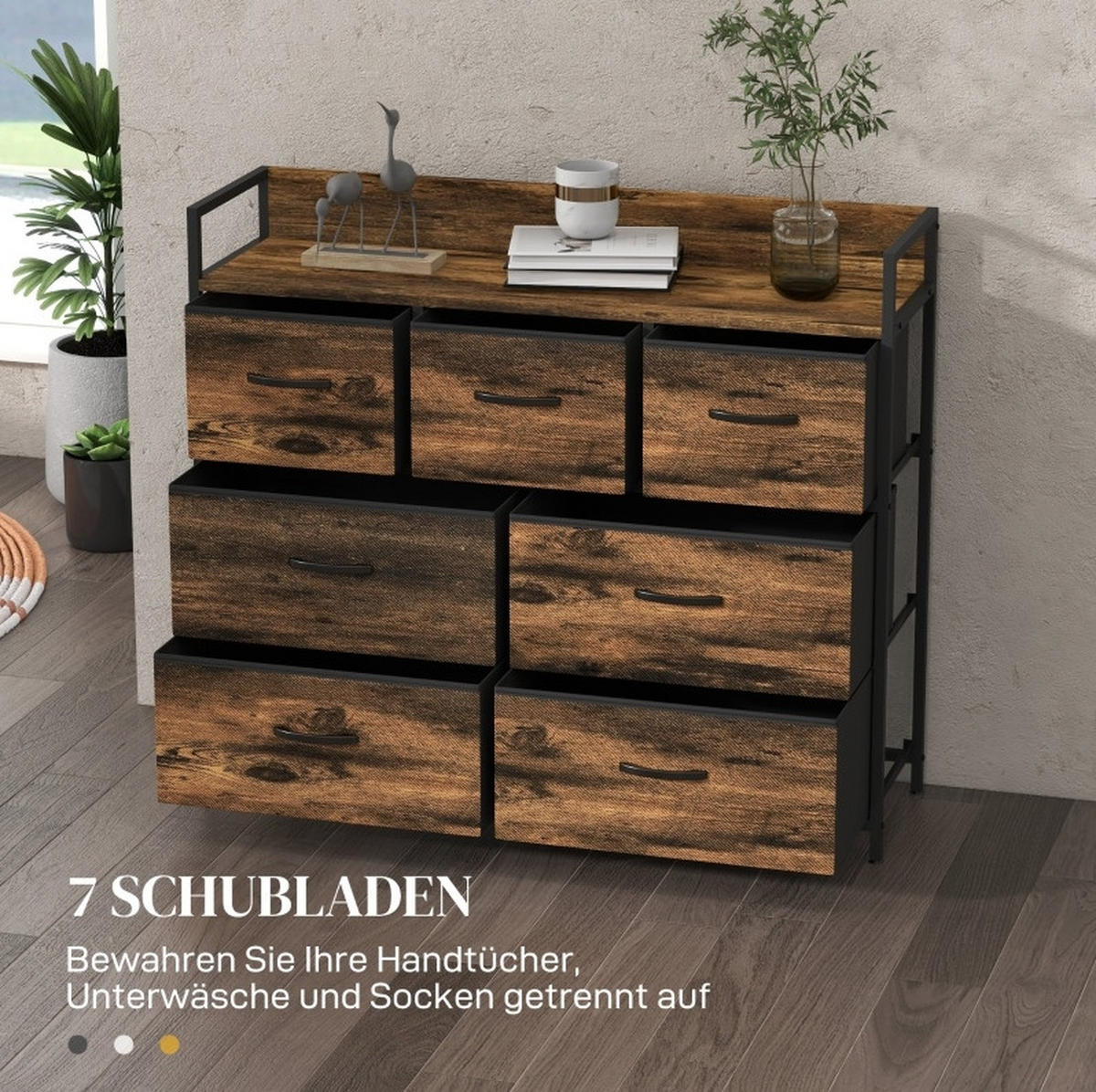 KOMMODE 98/29/85 cm aus Polyester, Stahl & MDF mit 7 Stoffschubladen Braun - Braun, Holzwerkstoff (98/85/29cm) - Modenvie