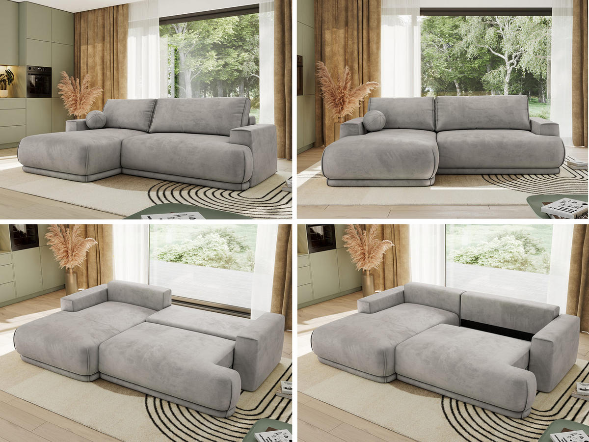 ECKSCHLAFSOFA RINA L Hellgrau Velvet - links - Hellgrau/Schwarz, Kunststoff/Textil (267/170cm) - MKS