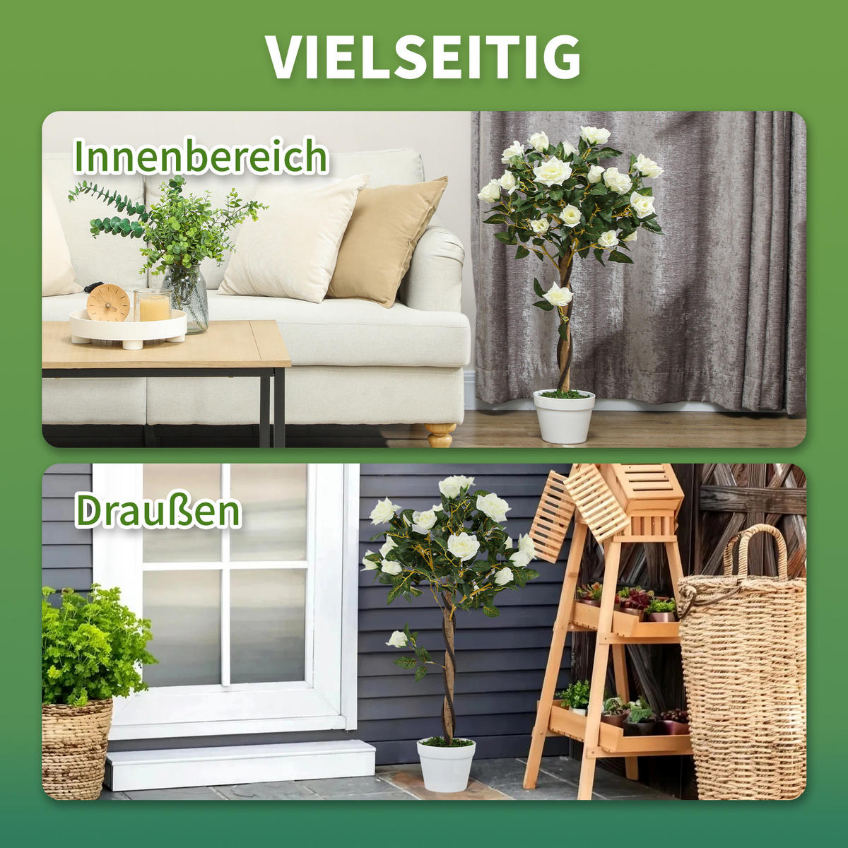 KÜNSTLICHE Rosenpflanzen 2er-Set groß 90 cm Kunstpflanze - Weiß/Grün, Kunststoff (90cm) - Outsunny