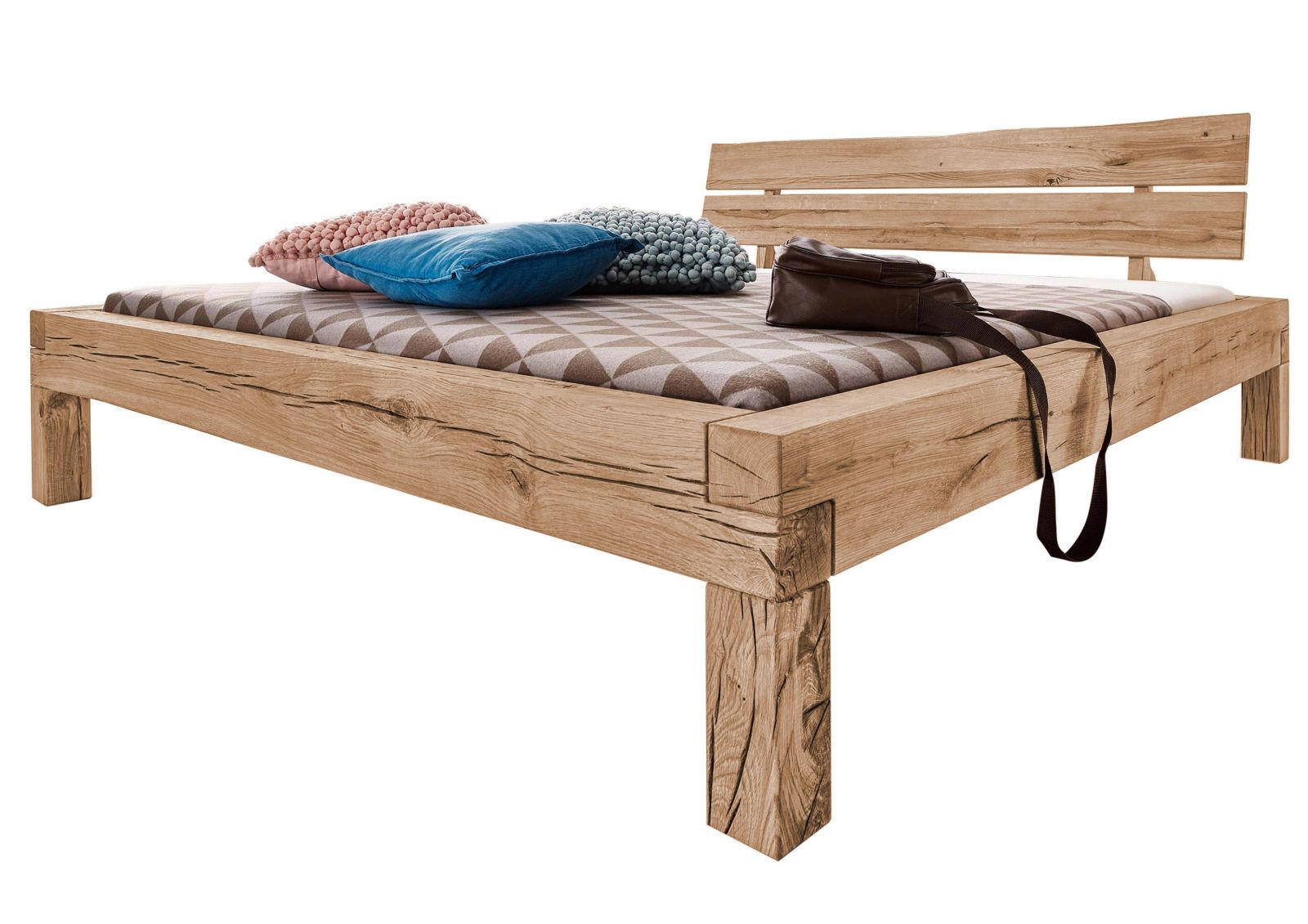 BALKENBETT Wildeiche 160x200 bianco geölt JANGALI #211 - Beige, Holz (160/200cm) - Massivmoebel24