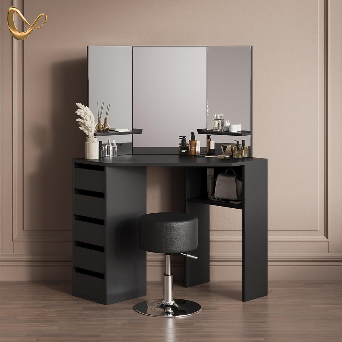 ECKSCHMINKTISCH Enna Schwarz 110 cm mit Hocker - Schwarz, Holzwerkstoff (110/141.5/54cm) - Livinity®