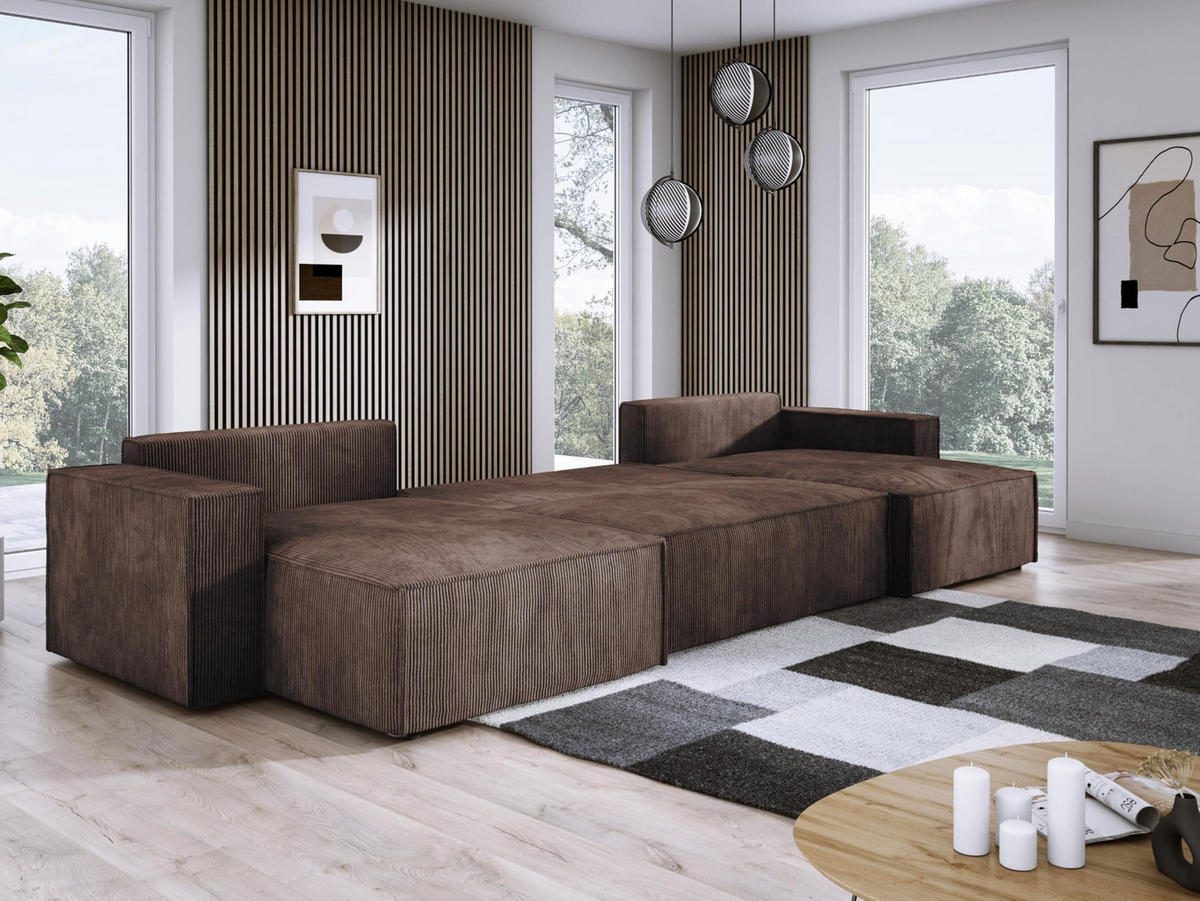 ECKSOFA Poso XXL U-förm, Schlaffunktion, weiche Kissen, Bettkasten, hochwertige Polsterung, lose Rückenkissen, freistehend, 377x143x83 cm Brown - Braun, Holz/Textil (377/83/143cm) - DomoHome