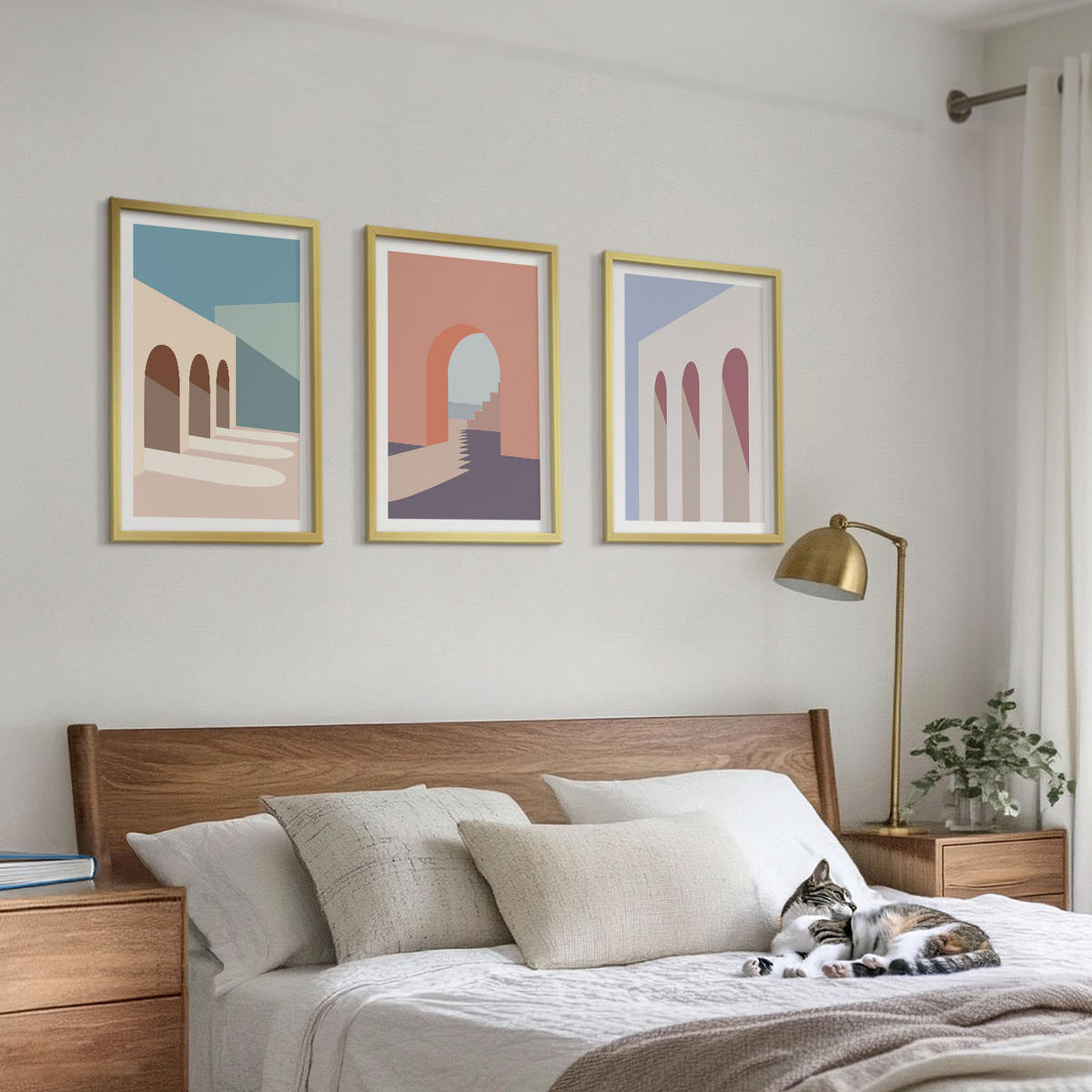 WANDBILDER 3er Set - 40x60 cm Goldrahmen - Architekturgrafiken in Pastellfarben - Goldfarben, Kunststoff (40/60cm) - ArtPrintCave