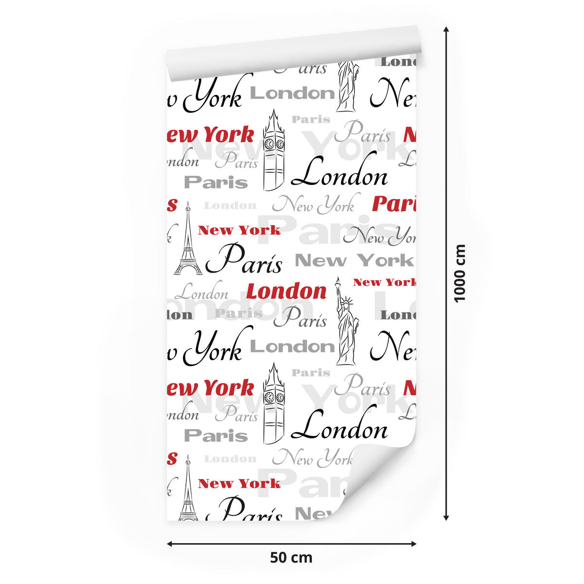 VLIESTAPETE London, Paris und New York – Rot, Grau, Weiß – 50x1000 cm - Rot/Weiß, Papier (50/1000cm) - Muralo