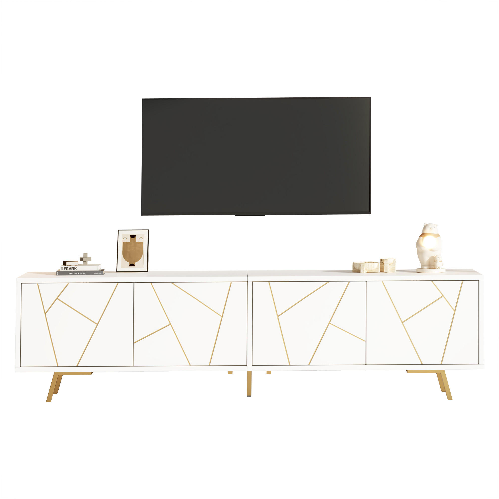 LOWBOARD in Weiß TV-Schrank mit 4 Türen und 5 Metallbeinen, für Wohnzimmer, geeignet bis 85 Zoll TV, B190/T40/H51.5cm - Goldfarben/Weiß, Holzwerkstoff/Metall (190/51.5/40cm) - STILVORA