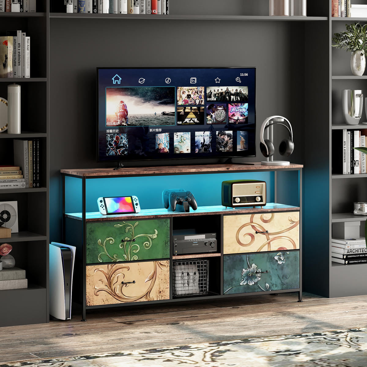 TV-SCHRANK 137 CM - Tigerholz-Optik mit Tigerholz-Stoffschubladen - Multicolor, Holz (30/78/137cm)