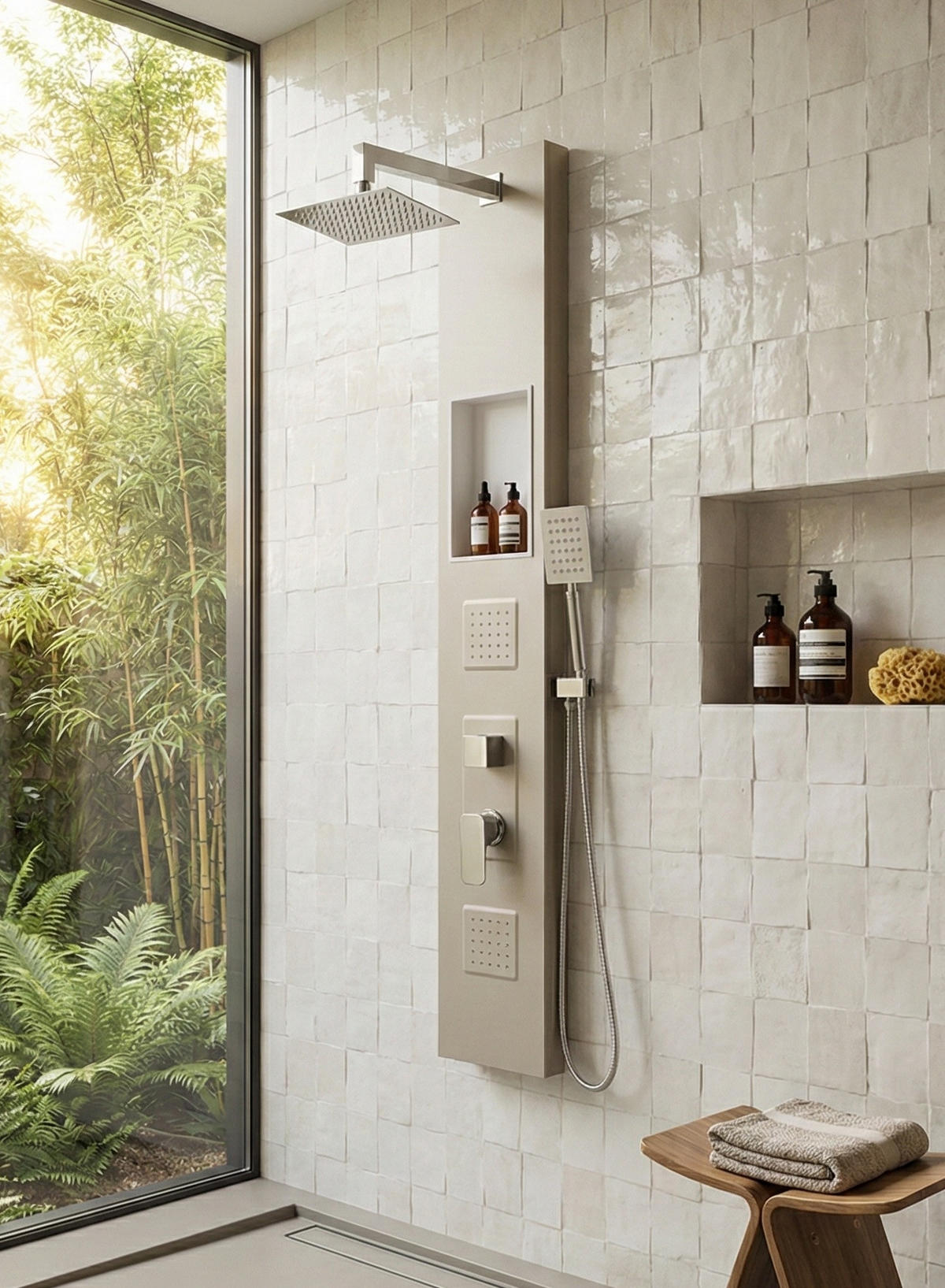 DUSCHPANEEL Monterra mit Mischbatterie RVS Chrom - 140 x 20 cm - Chromfarben, Holz (20/140/7cm) - Badplaats