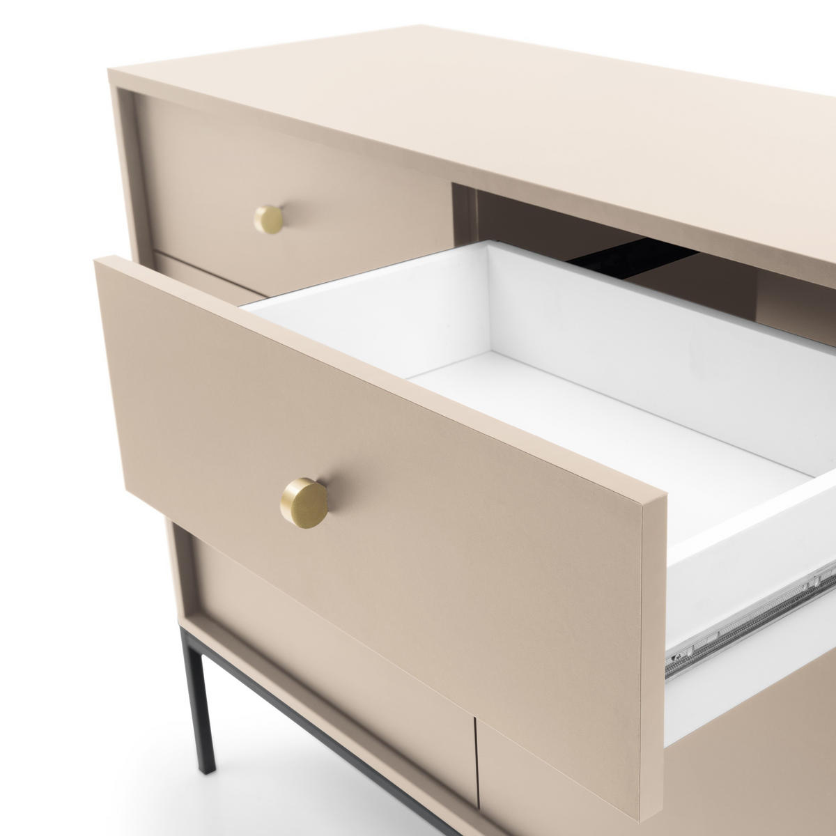 KOMMODE Molly Beige, Schwarze Beine, Dreitürige mit Schubladen - Beige/Schwarz, Holzwerkstoff/Metall (154/83/39cm) - Bettso