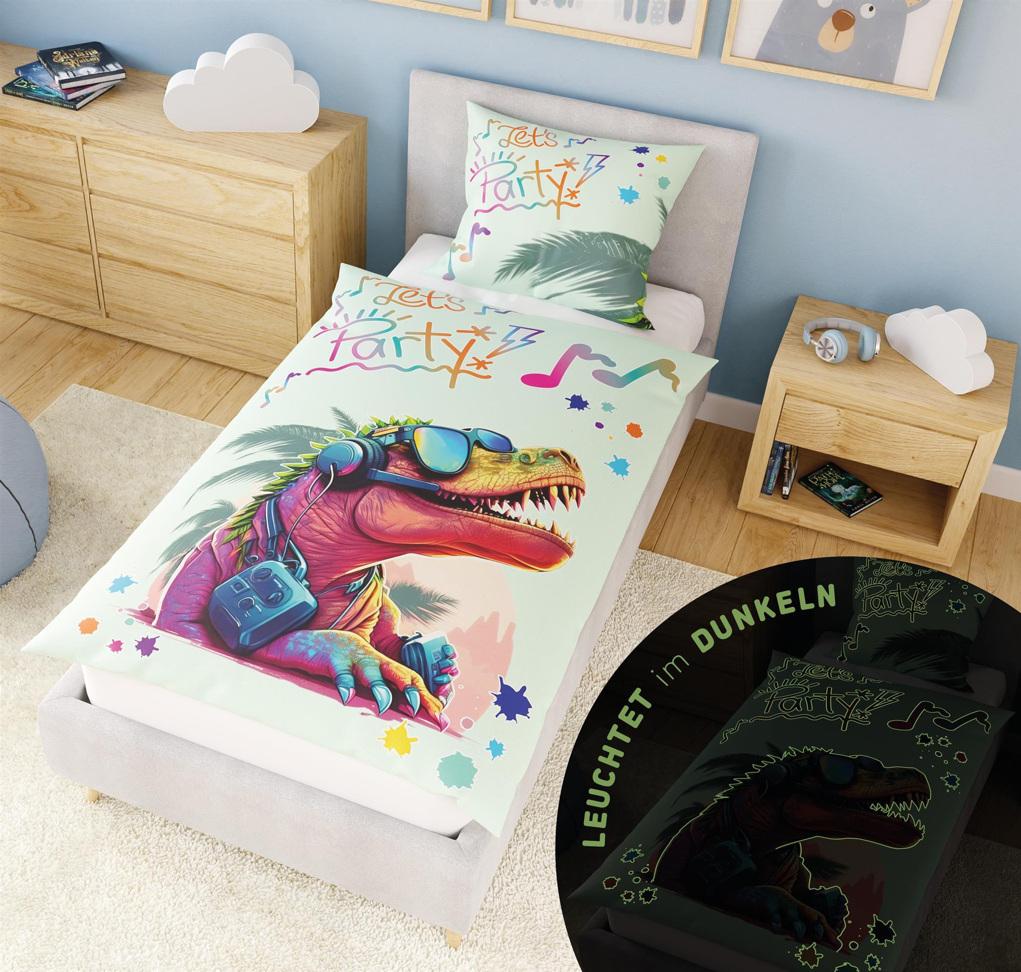 KINDERBETTWÄSCHE 135x200 cm Dino Dinosaurier aus 100% Baumwolle - Leuchtet um Dunkeln - Grün, Textil (135/200cm) - Carpe Sonno