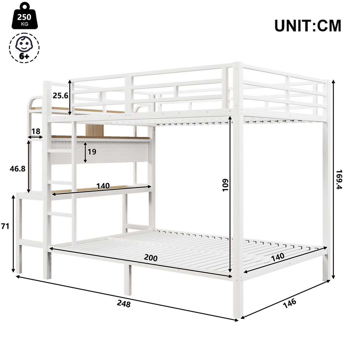 ETAGENBETT aus Metall und MDF 140x200 cm Weiß mit Schreibtisch, Ablagefächern, LED-Lichtleiste und USB - Weiß, Metall (140/200cm) - Modfu