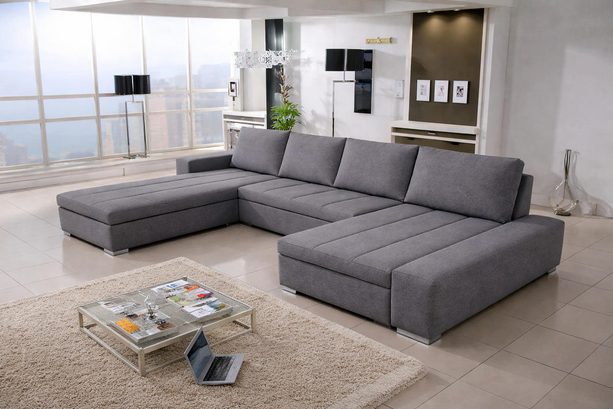 WOHNLANDSCHAFT VERONA U-Form mit Schlaffunktion, Bettkasten und Wellenfederung – Großzügiges Ecksofa 387 cm - Hellgrau, Kunststoff (387/85/213cm) - Wohnideebilder