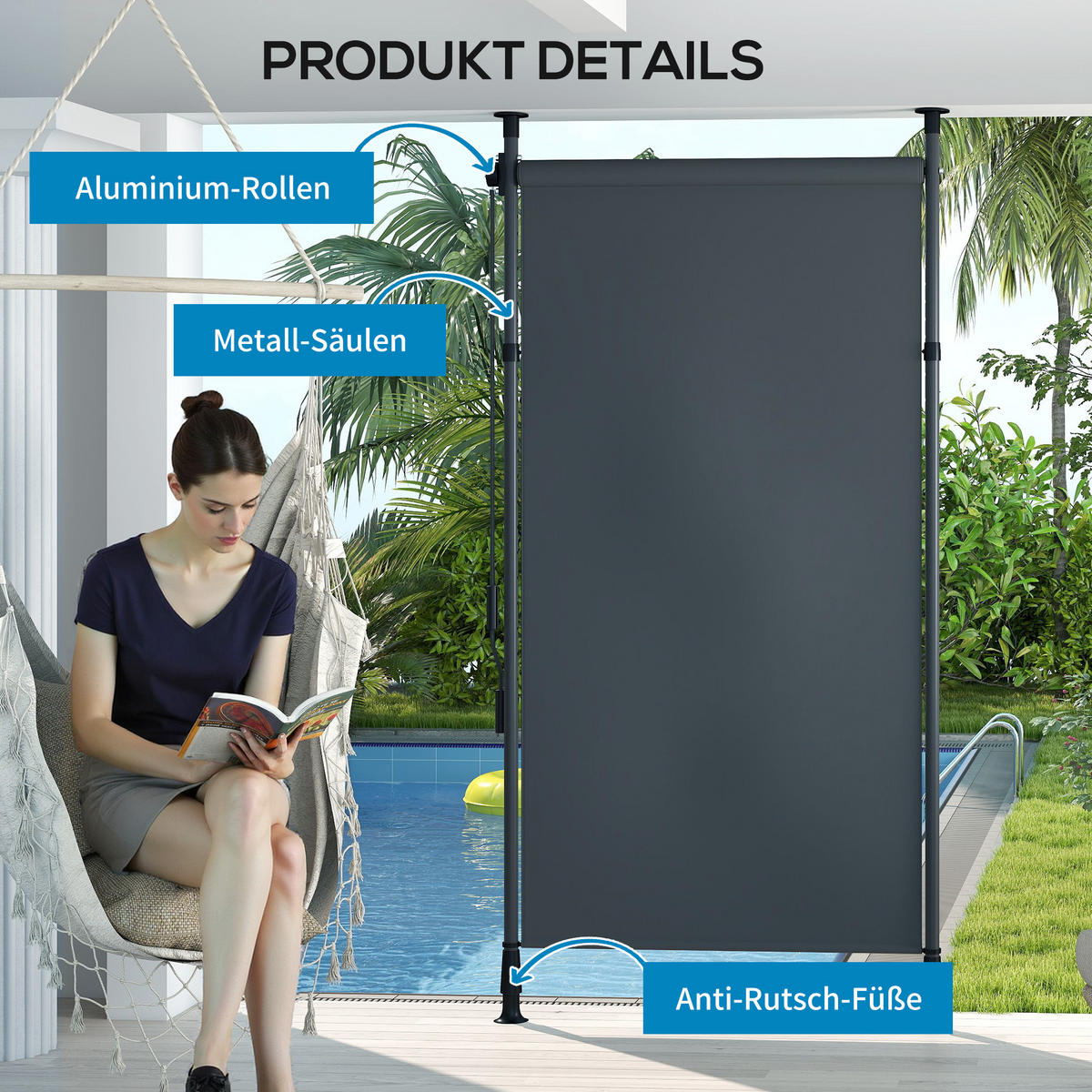 VERTIKÁLNÍ MARKÝZA, polyester, tmavě šedá - tmavě šedá, kov (2.8/310/150cm) - Outsunny