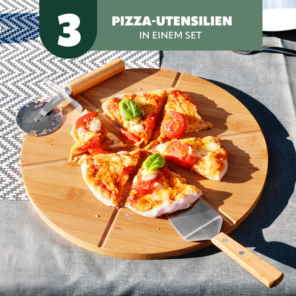 PIZZASERVIER 3er-Set, Edelstahl und Bambus - Braun, Holz (33/33cm) - bremermann