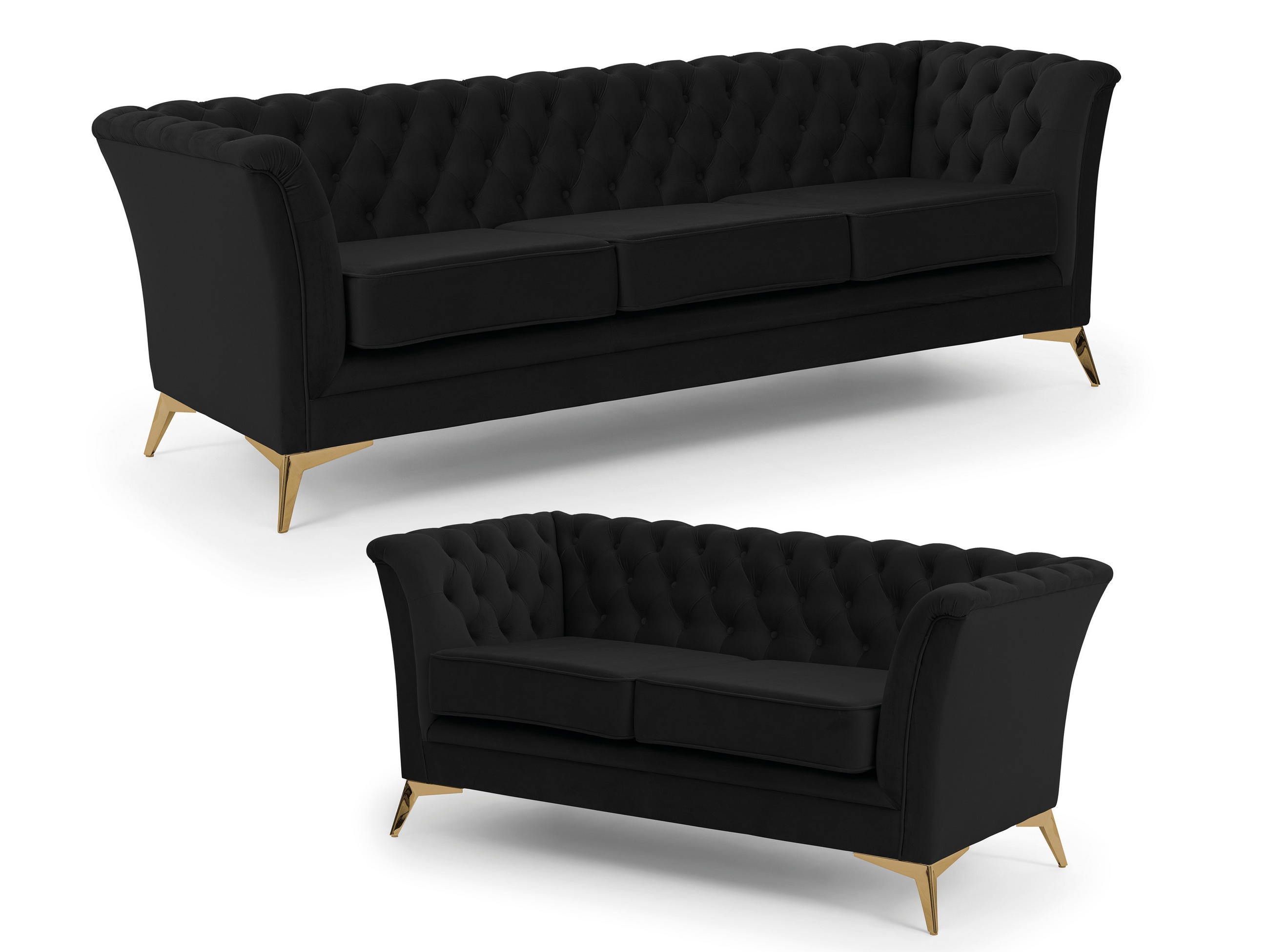 SITZGARNITUR 3+2 Chesterfield Whitby Schwarz Samt mit goldenen Füßen - Goldfarben/Schwarz, Holz/Textil (237/78/82cm) - S-Style Möbel